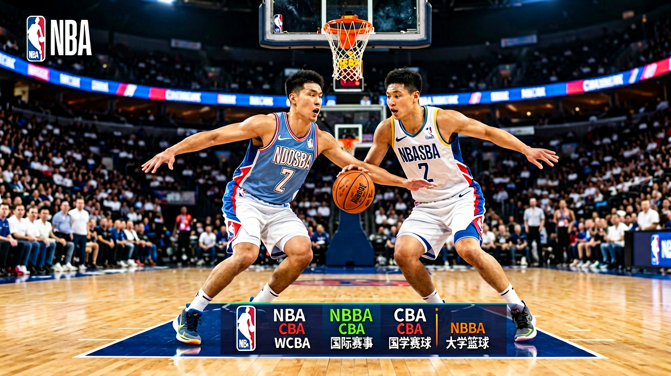 NBA篮球比赛现场，球员在球场上竞技对抗